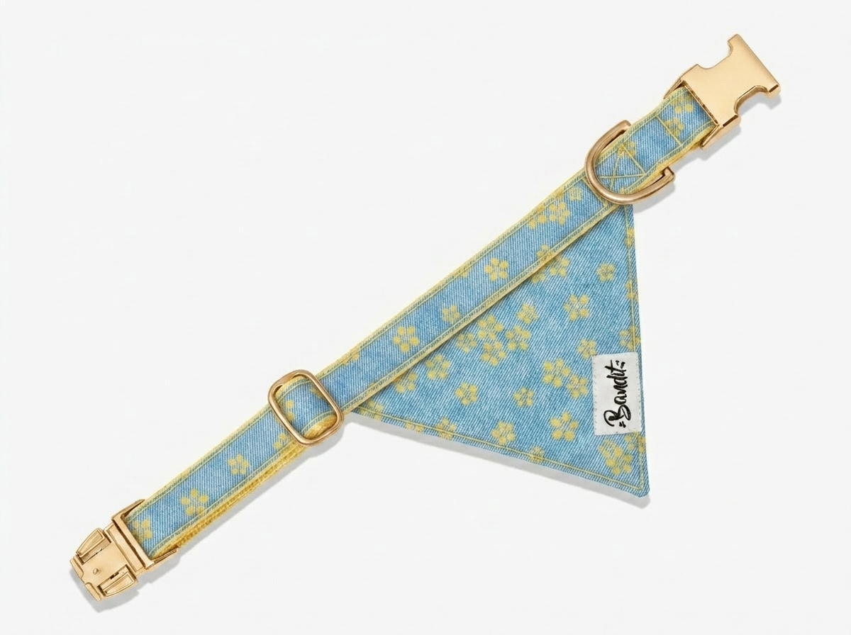 Bandana pour chien jean fleurs jaunes