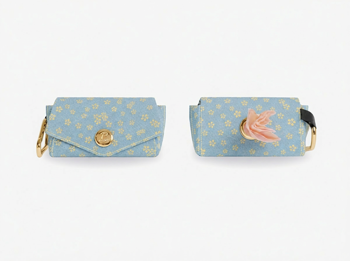 Pochette pour sacs à crottes jean fleurs jaunes